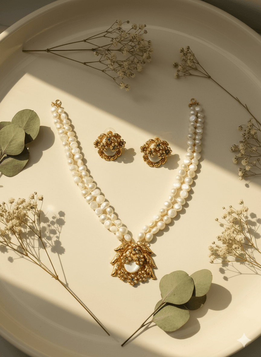 Regal Bloom Real Pearl Necklace Set