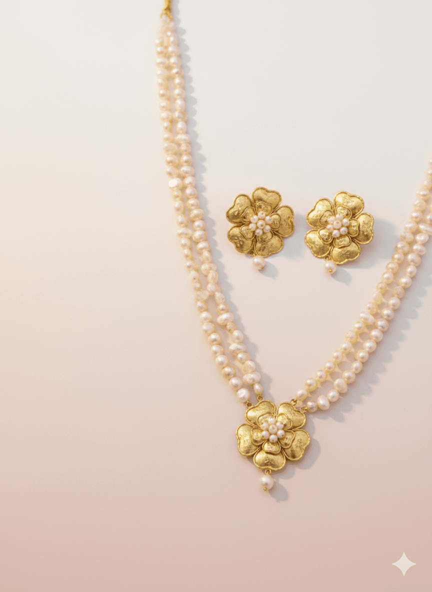 Real Pearl Floral Necklace Set