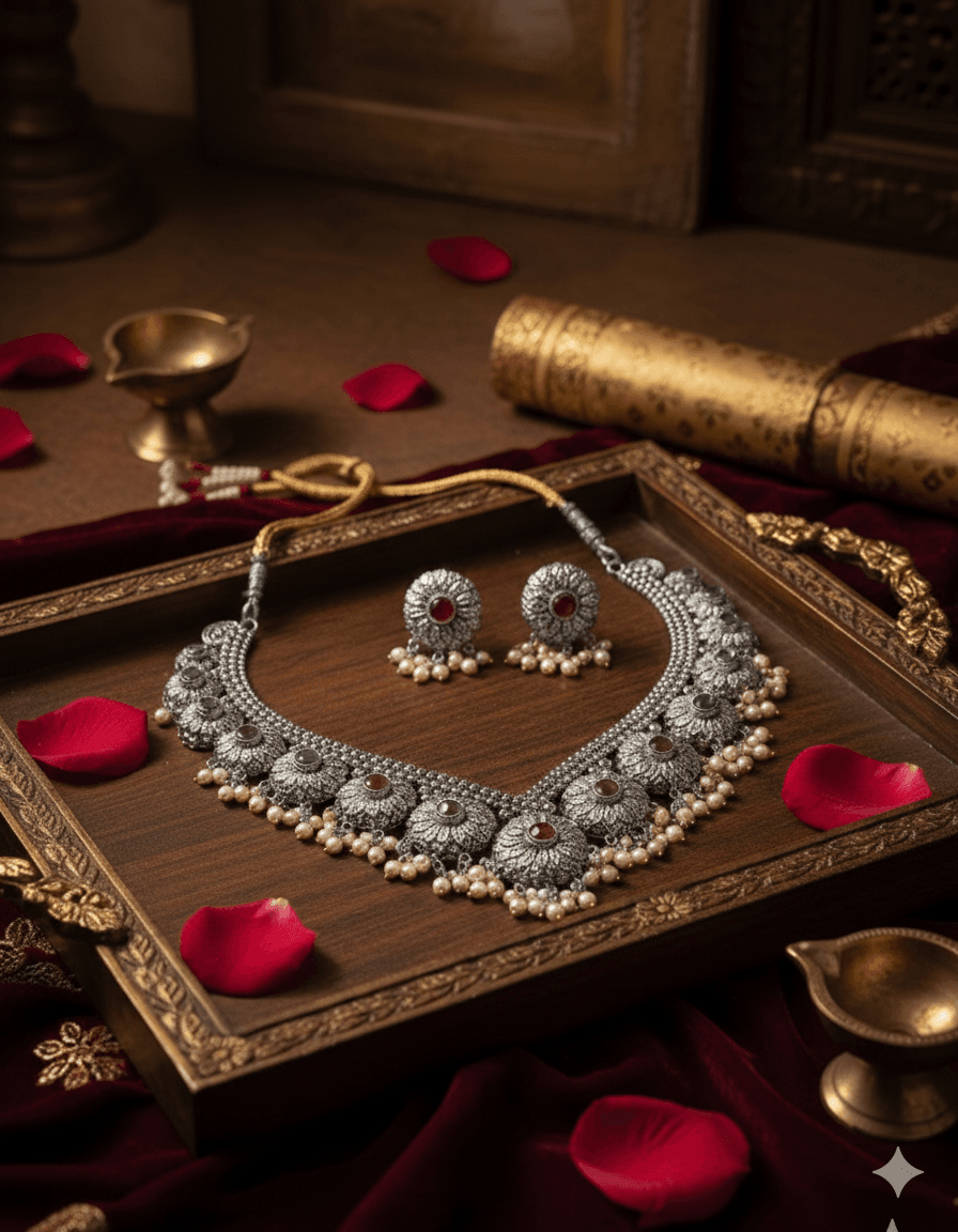 Enchanted Blooms Ruby & Pearl Necklace Set