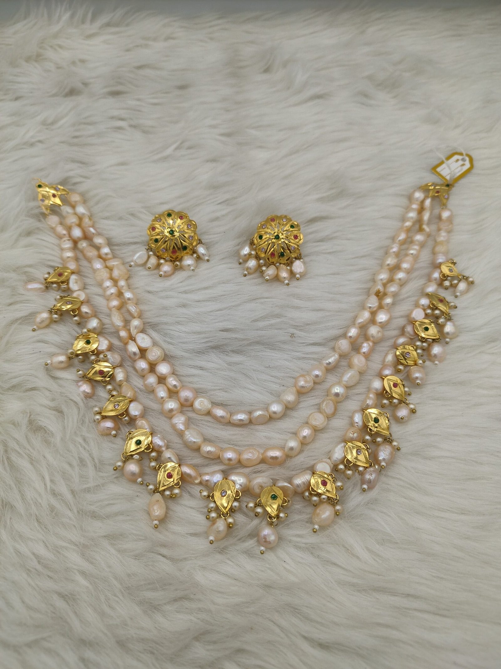 Triple-Strand Baroque Pearl & Navratna Motif Set