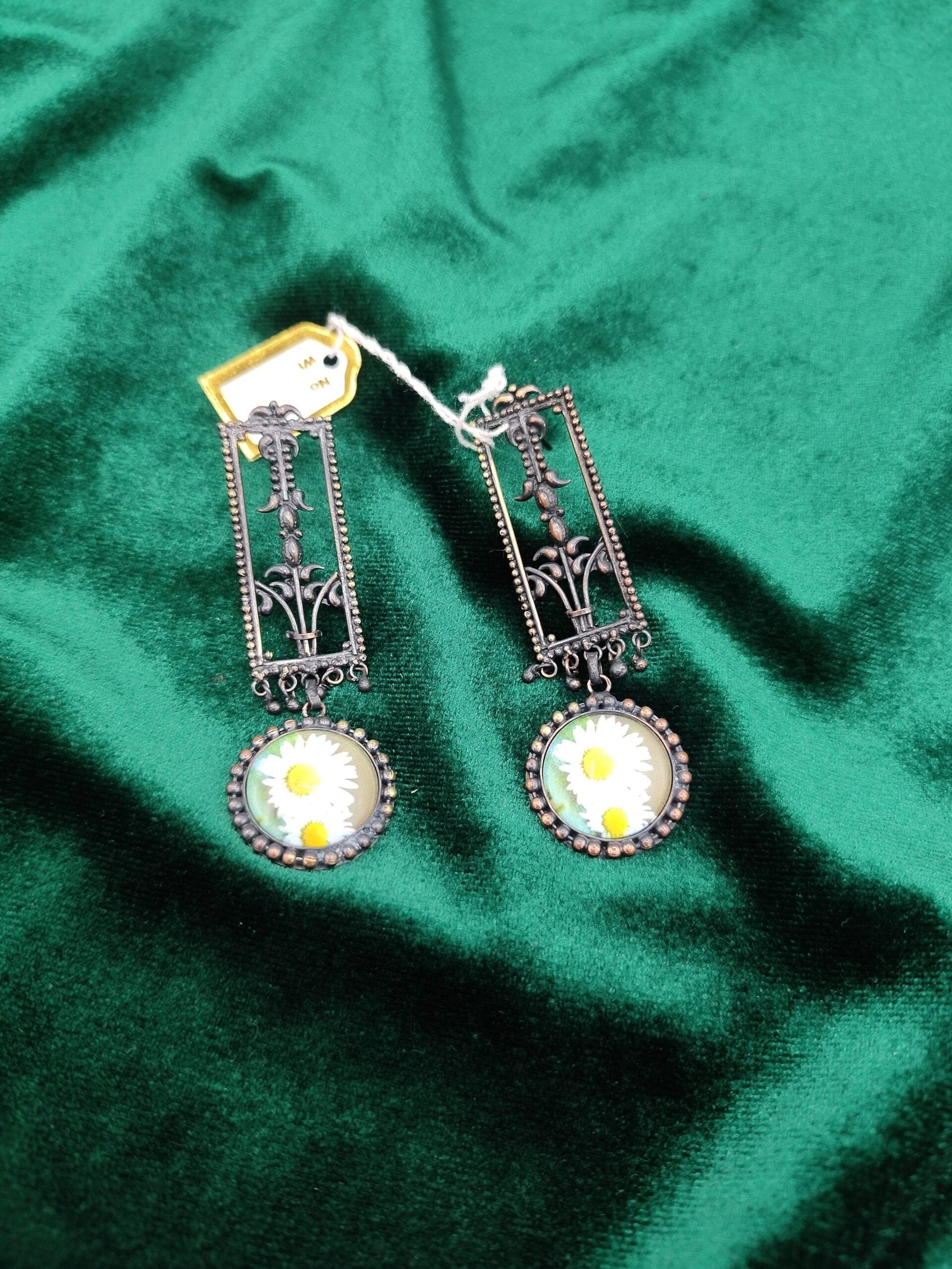 The Meadow Muse: Hand-Pressed Daisy & Antique Filigree Drop Earrings