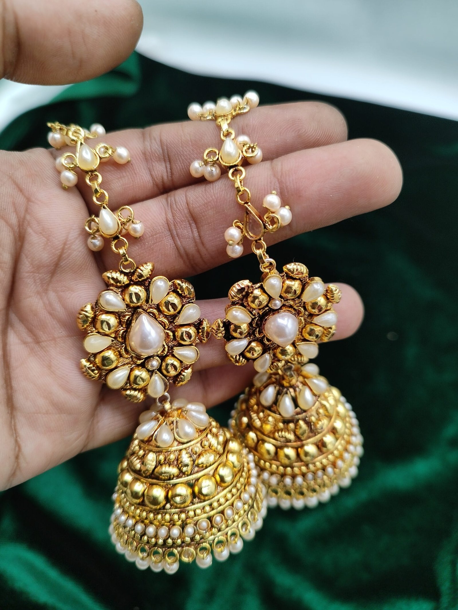 The Rajwadi Grandeur: Tiered Pearl & Gold Jhumkas