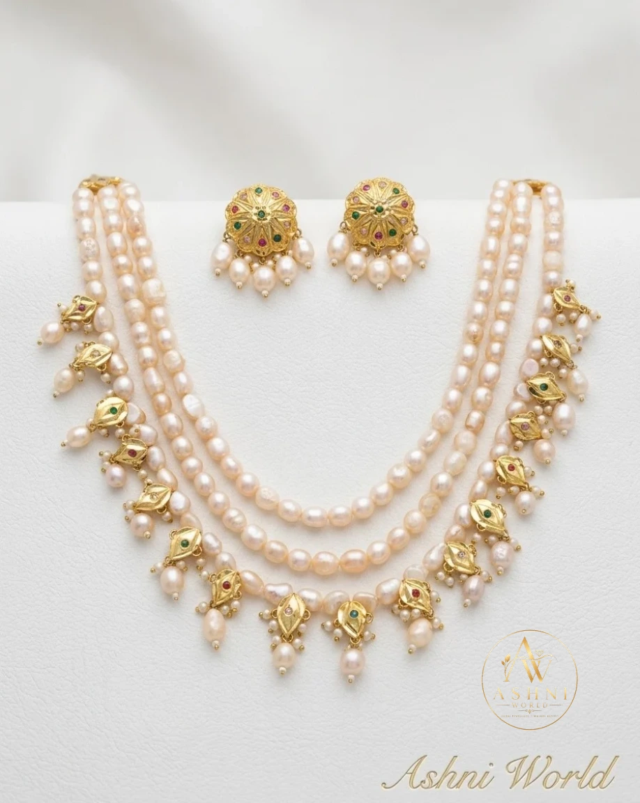 Triple-Strand Baroque Pearl & Navratna Motif Set
