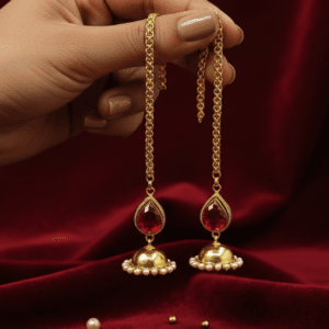 Regal Crimson Pearl-Drop Jhumkas with Bahubali Sahare