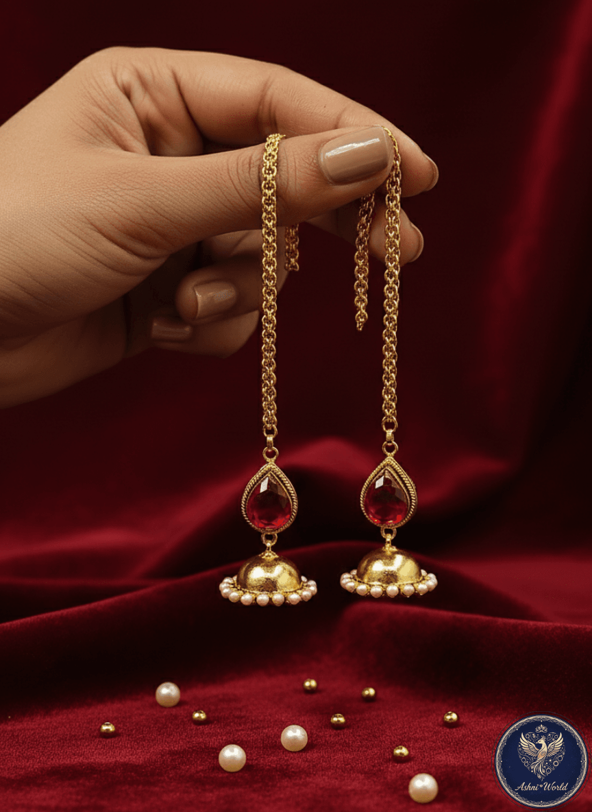 Regal Crimson Pearl-Drop Jhumkas with Bahubali Sahare