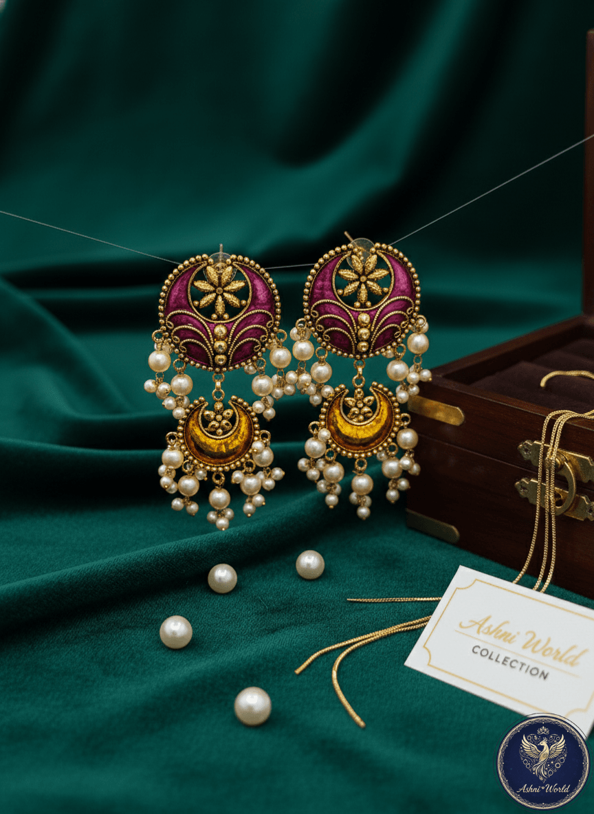 The Rajbari Moon-Drop Earrings: A Symphony of Enamel & Pearl