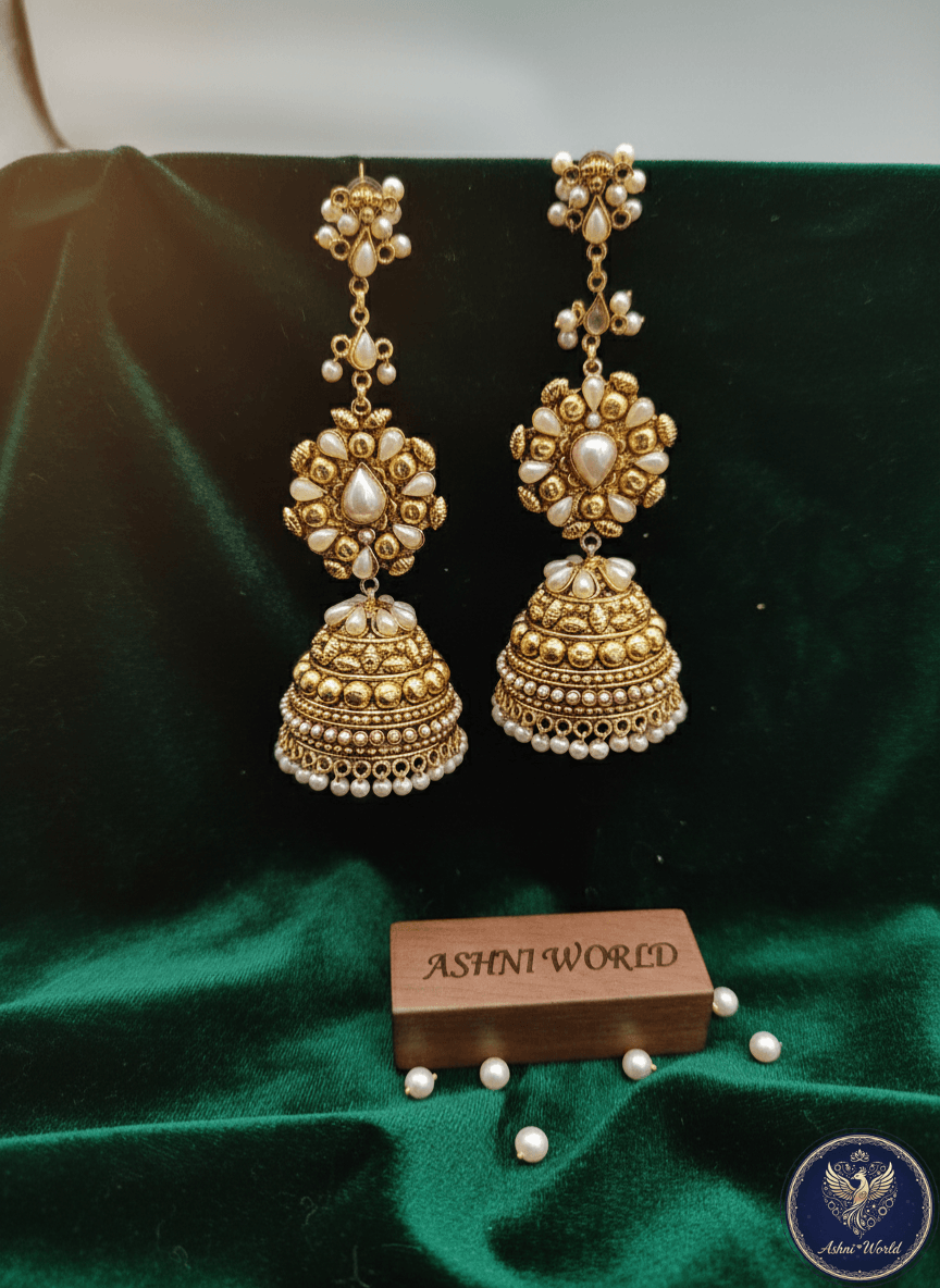 The Rajwadi Grandeur: Tiered Pearl & Gold Jhumkas
