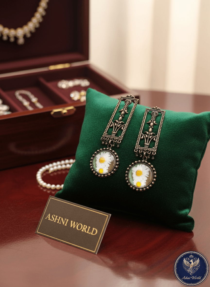 The Meadow Muse: Hand-Pressed Daisy & Antique Filigree Drop Earrings
