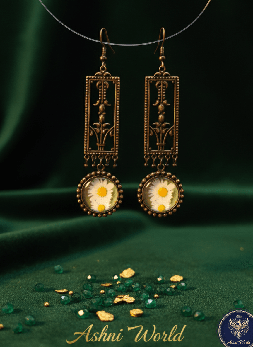 The Meadow Muse: Hand-Pressed Daisy & Antique Filigree Drop Earrings
