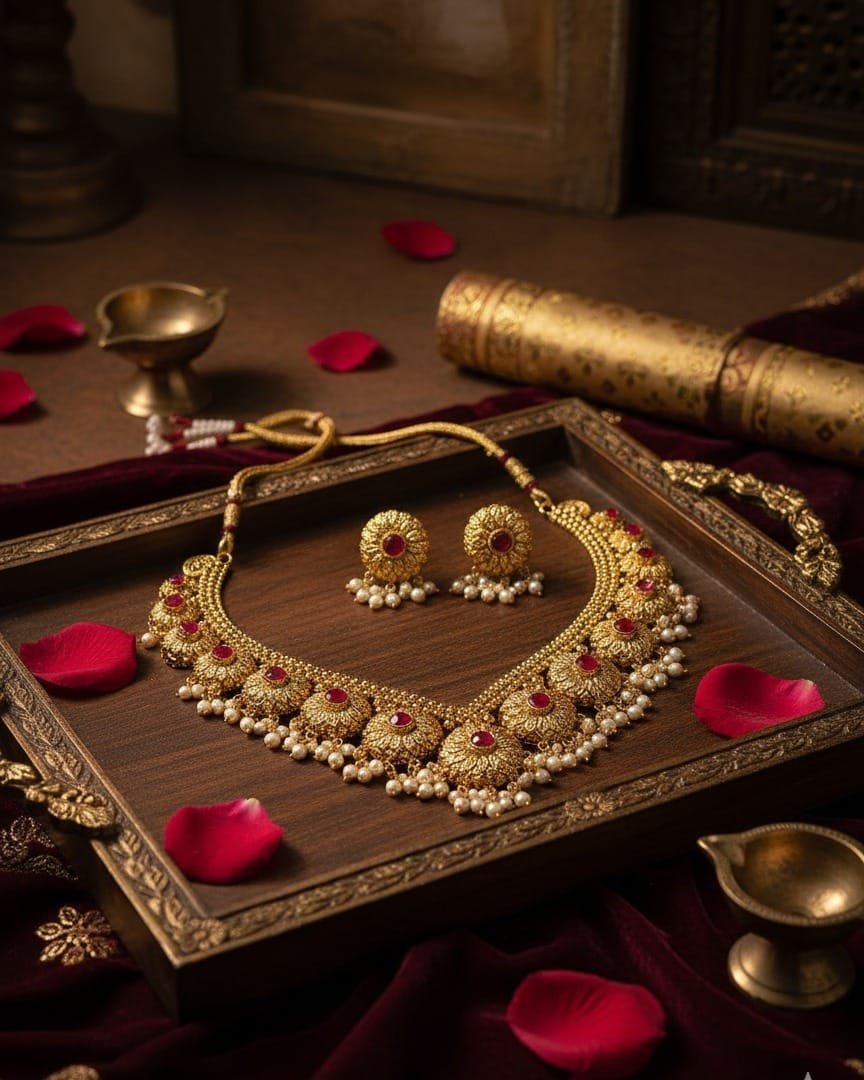 Enchanted Blooms Ruby & Pearl Necklace Set