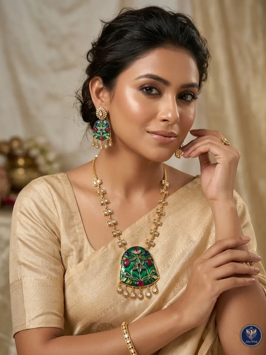 Handcrafted Emerald & Ruby Meenakari Pendant Set with Kundan Accents