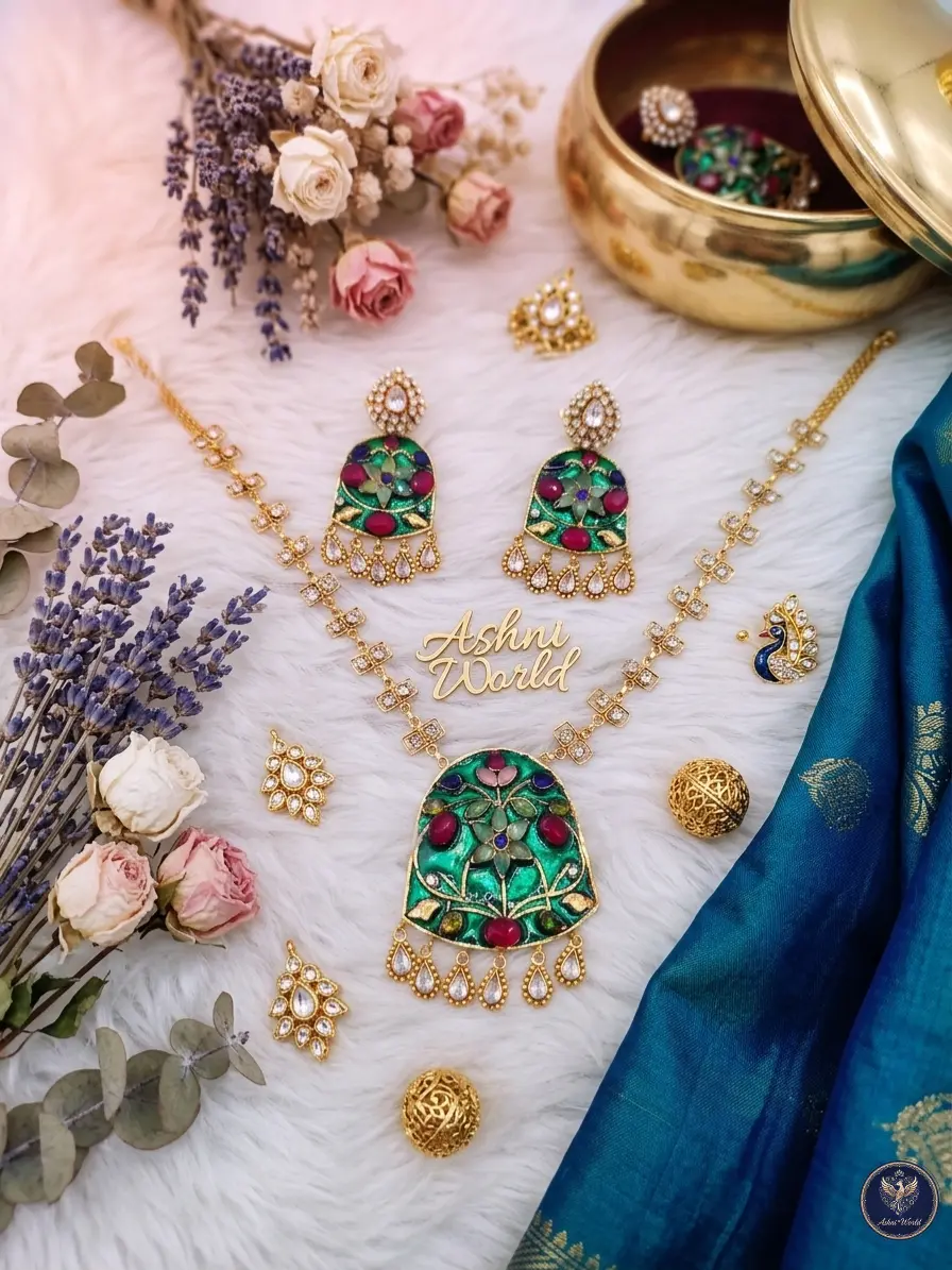 Handcrafted Emerald & Ruby Meenakari Pendant Set with Kundan Accents