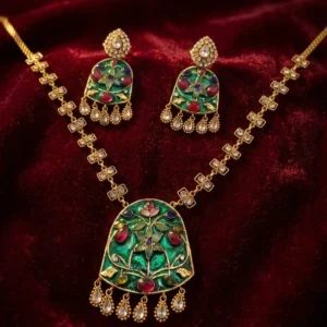 Handcrafted Emerald & Ruby Meenakari Pendant Set with Kundan Accents