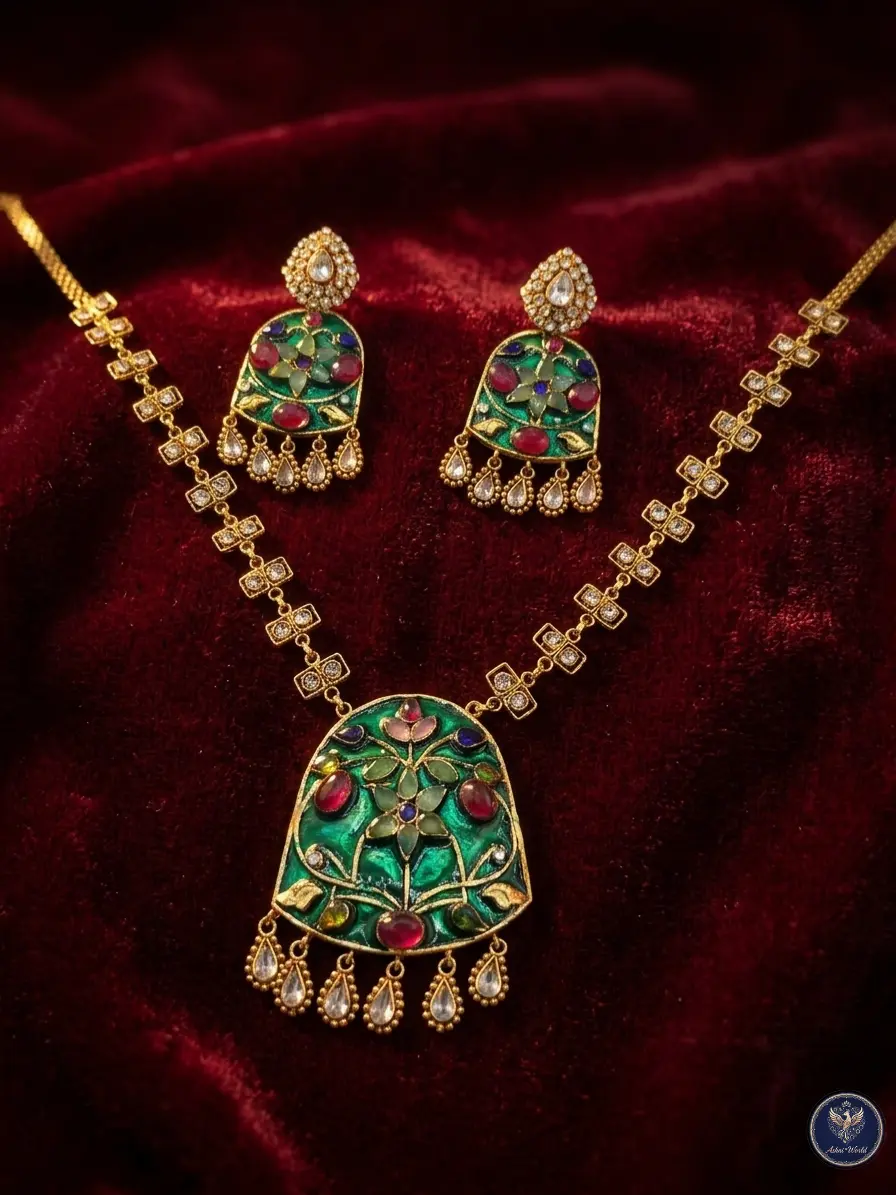 Handcrafted Emerald & Ruby Meenakari Pendant Set with Kundan Accents