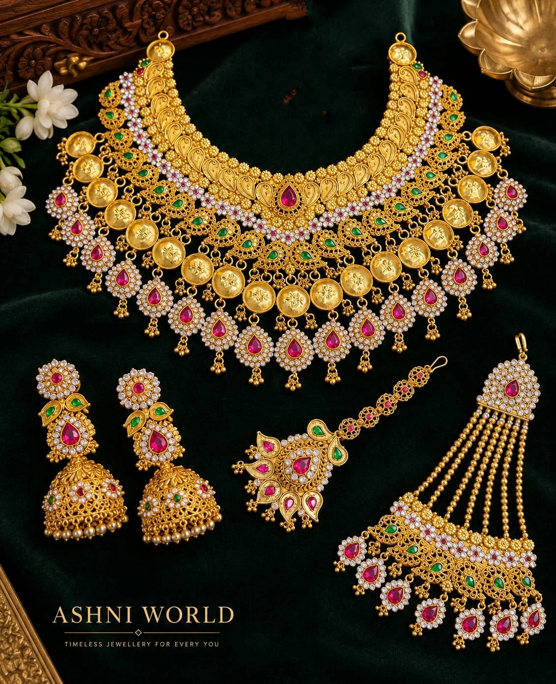 Royal Heritage Necklace Set (Necklace + Earrings + Tikli + Jhapta)