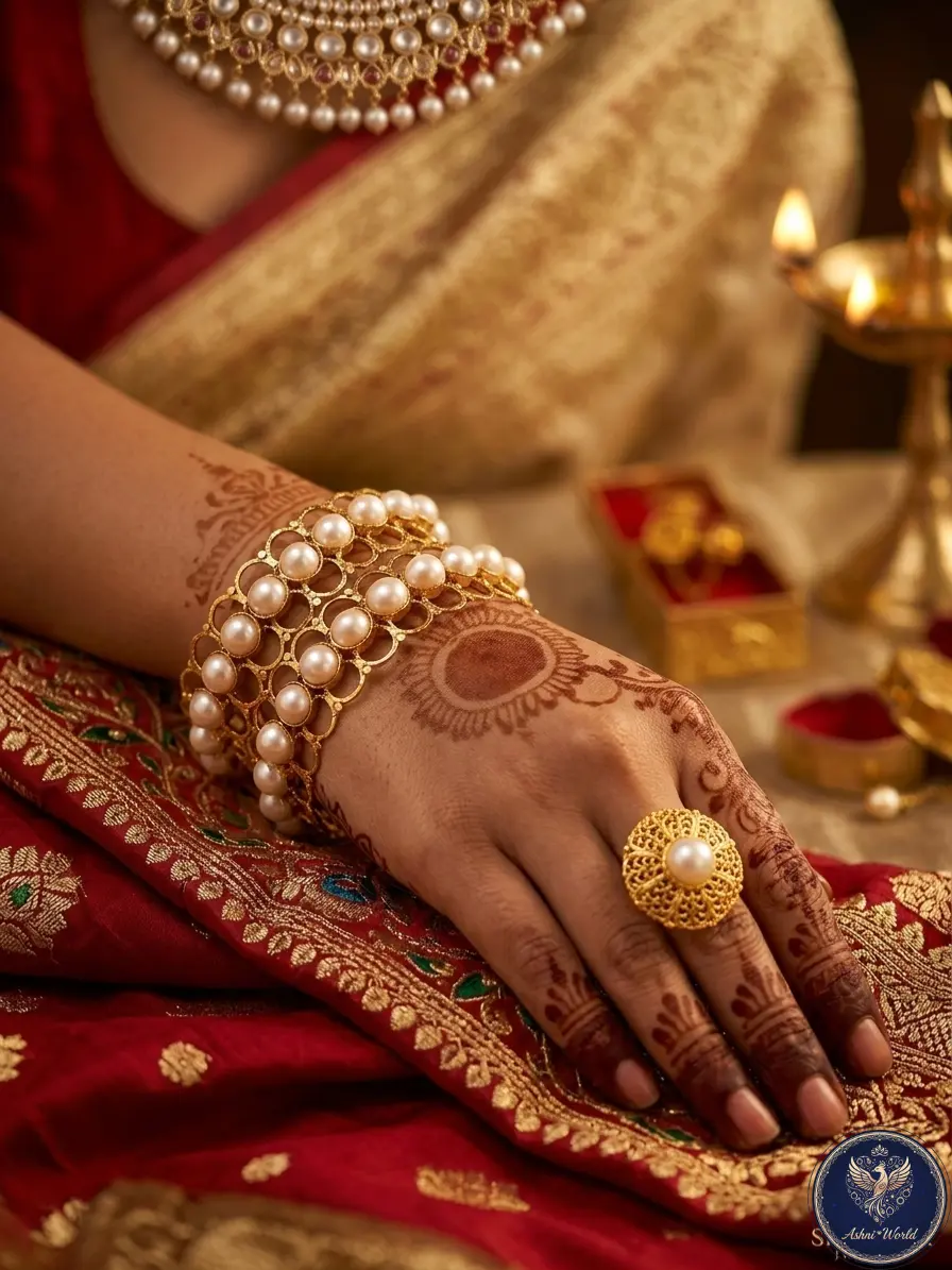 Royal Ivory Lattice Churi – Exquisite Pearl & Gold Craftsmanship