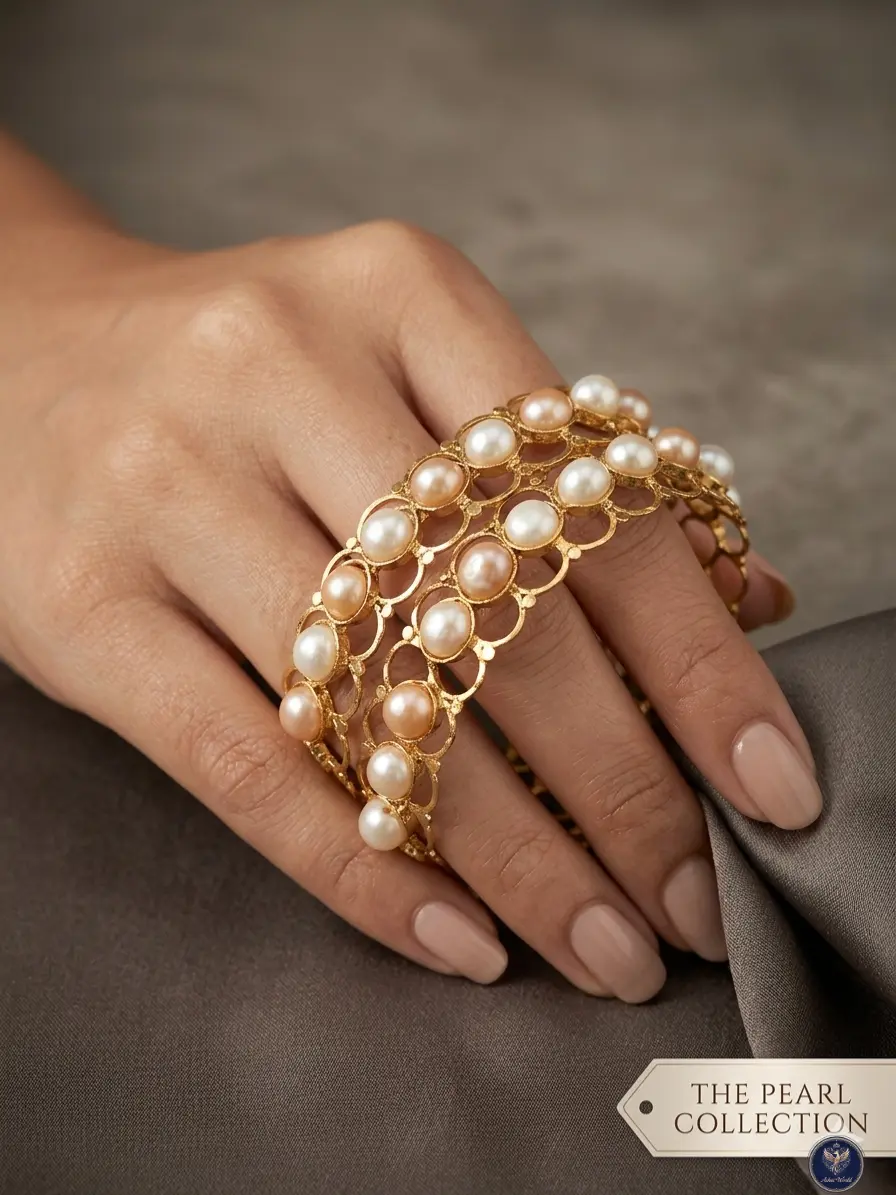 Royal Ivory Lattice Churi – Exquisite Pearl & Gold Craftsmanship