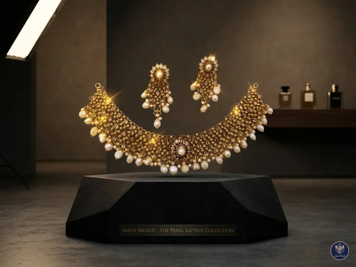 Regal Floral Necklace Set – Antique Gold Finish with Lustrous Baroque Pearls