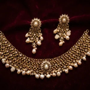 Regal Floral Necklace Set – Antique Gold Finish with Lustrous Baroque Pearls