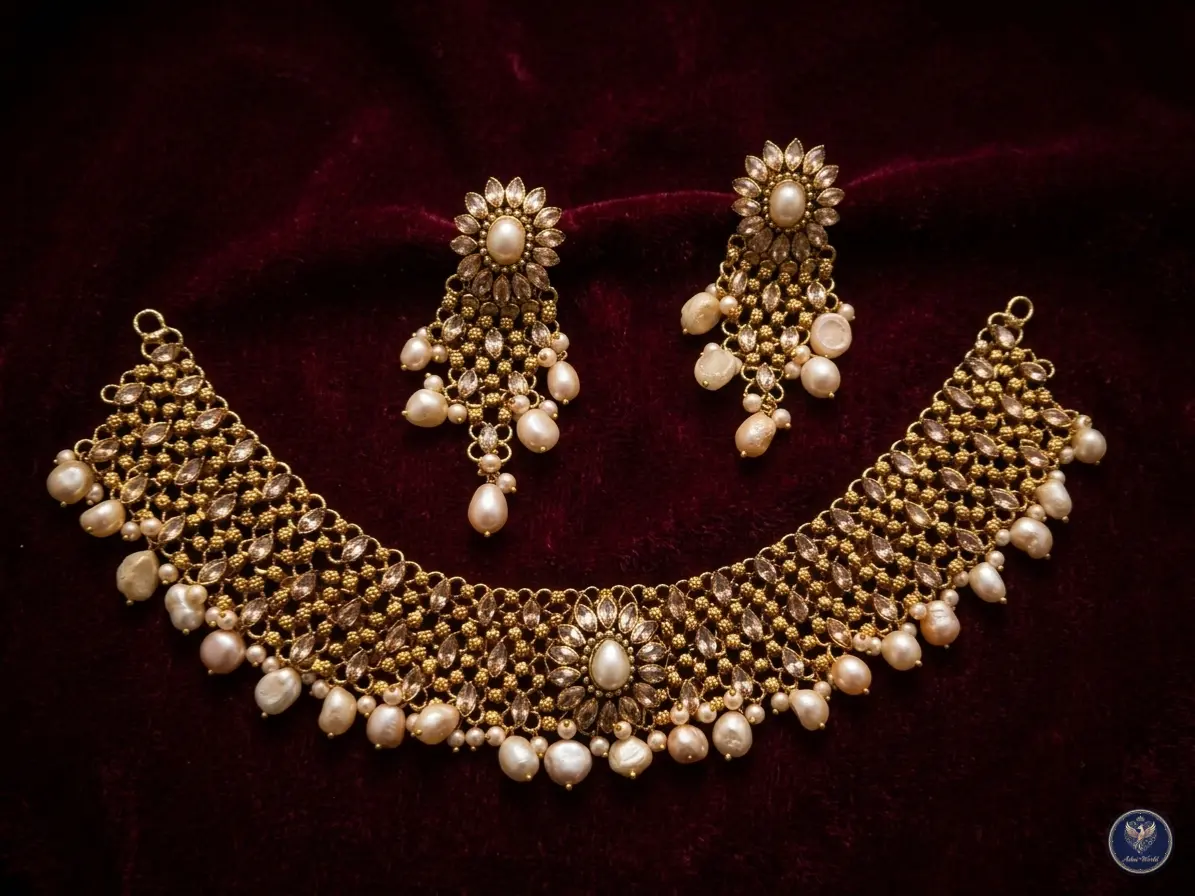 Regal Floral Necklace Set – Antique Gold Finish with Lustrous Baroque Pearls
