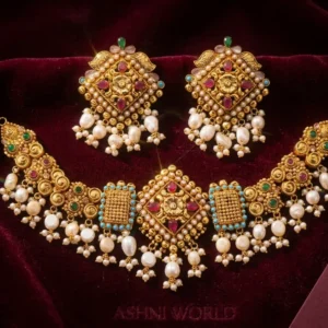 Handcrafted Gold-Plated Choker Set with Ruby Accents and Pristine Pearls