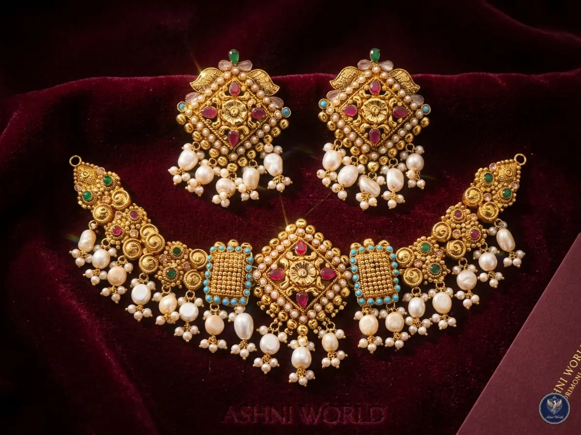 Handcrafted Gold-Plated Choker Set with Ruby Accents and Pristine Pearls