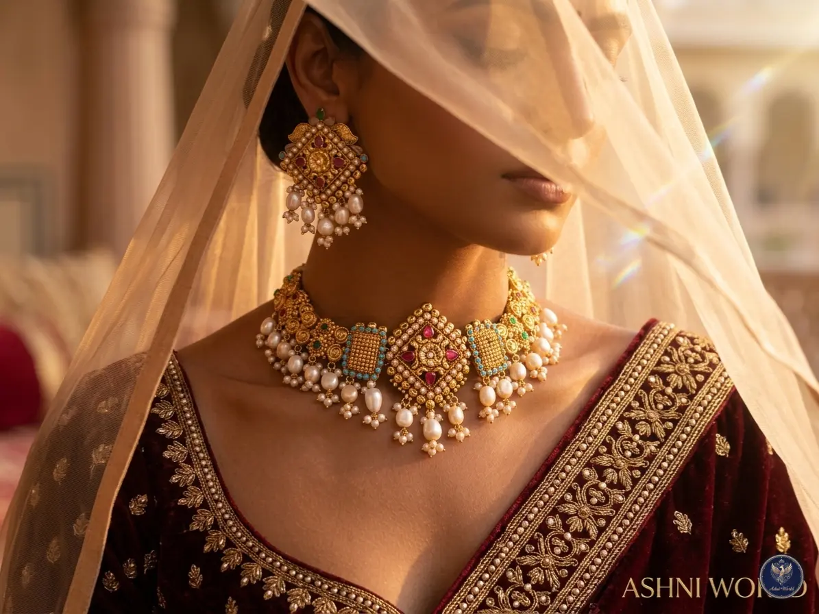 Handcrafted Gold-Plated Choker Set with Ruby Accents and Pristine Pearls