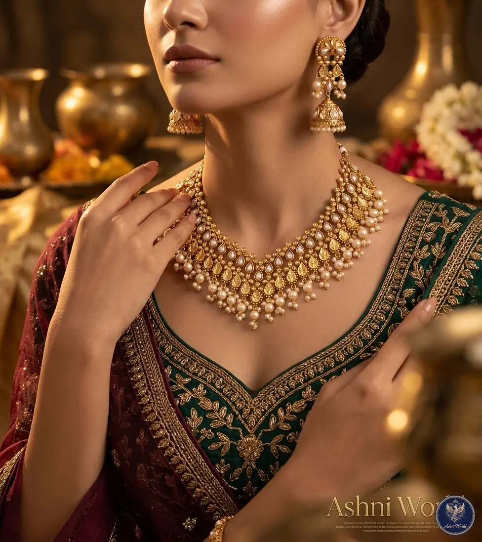Regal Pearl & Gold-Leaf Artisan Necklace Set