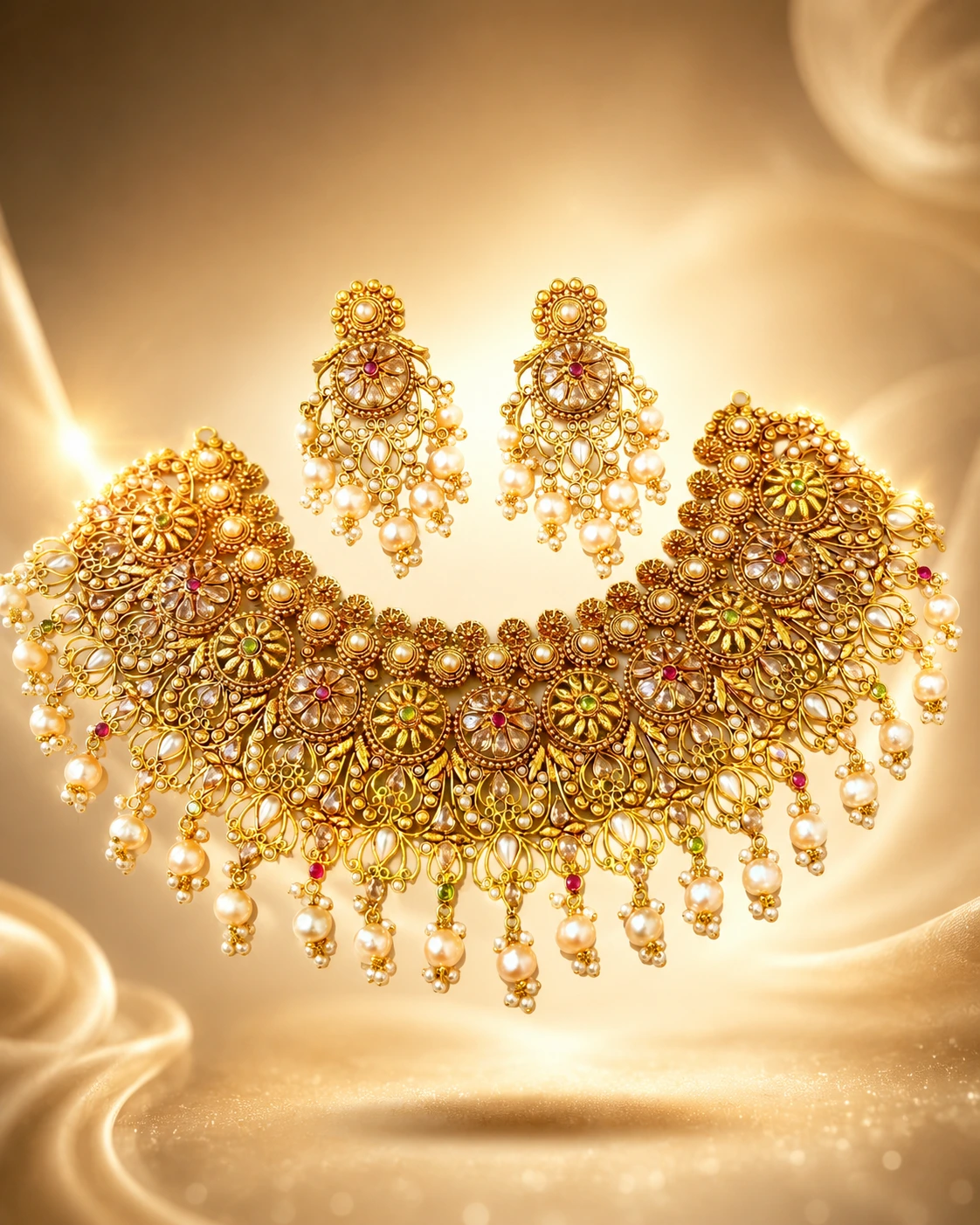 Noor-E-Zewar Royal Pearl Necklace Set – Premium Antique Gold Bridal Collection
