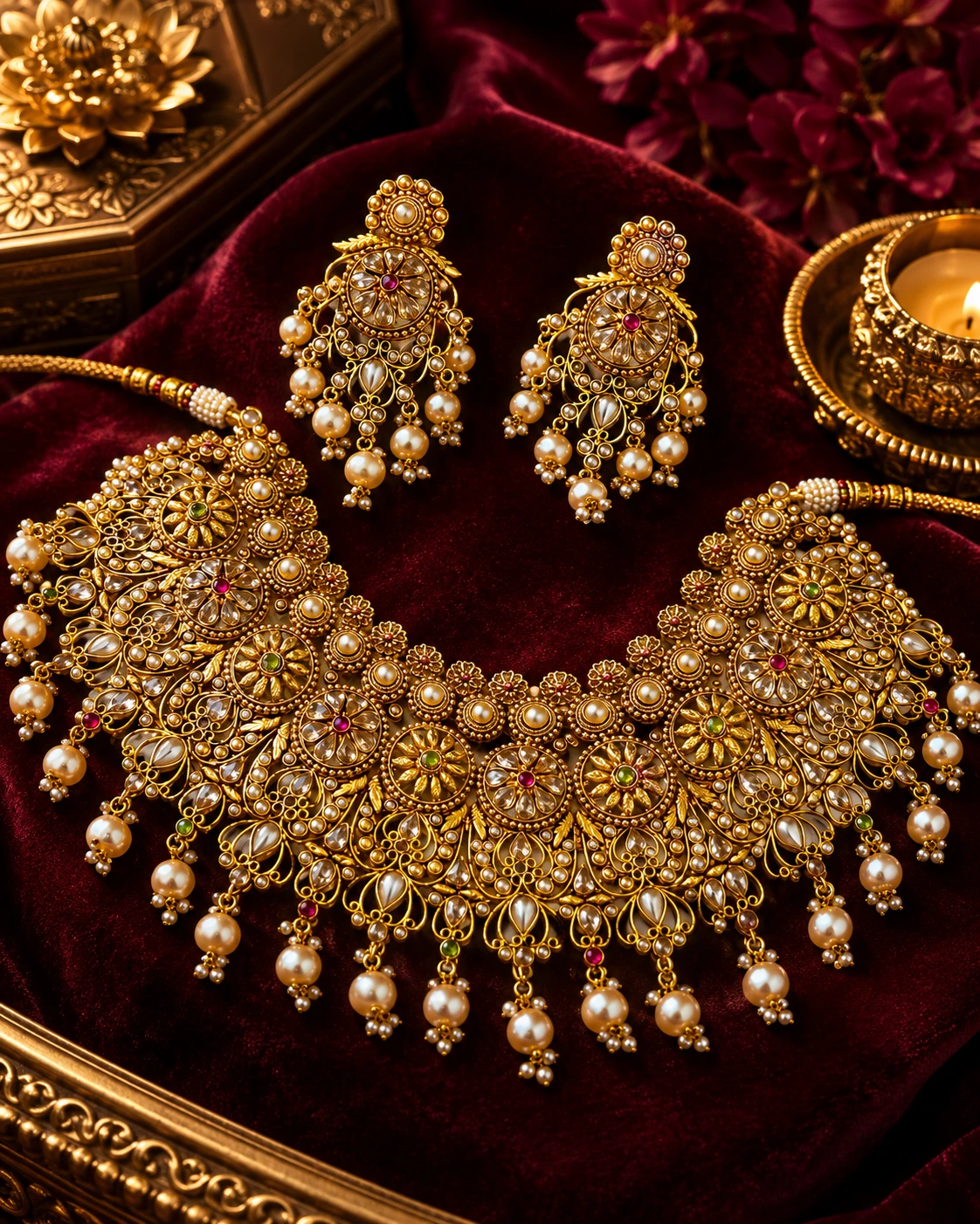 Noor-E-Zewar Royal Pearl Necklace Set – Premium Antique Gold Bridal Collection