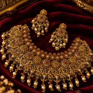 Noor-E-Zewar Royal Pearl Necklace Set – Premium Antique Gold Bridal Collection