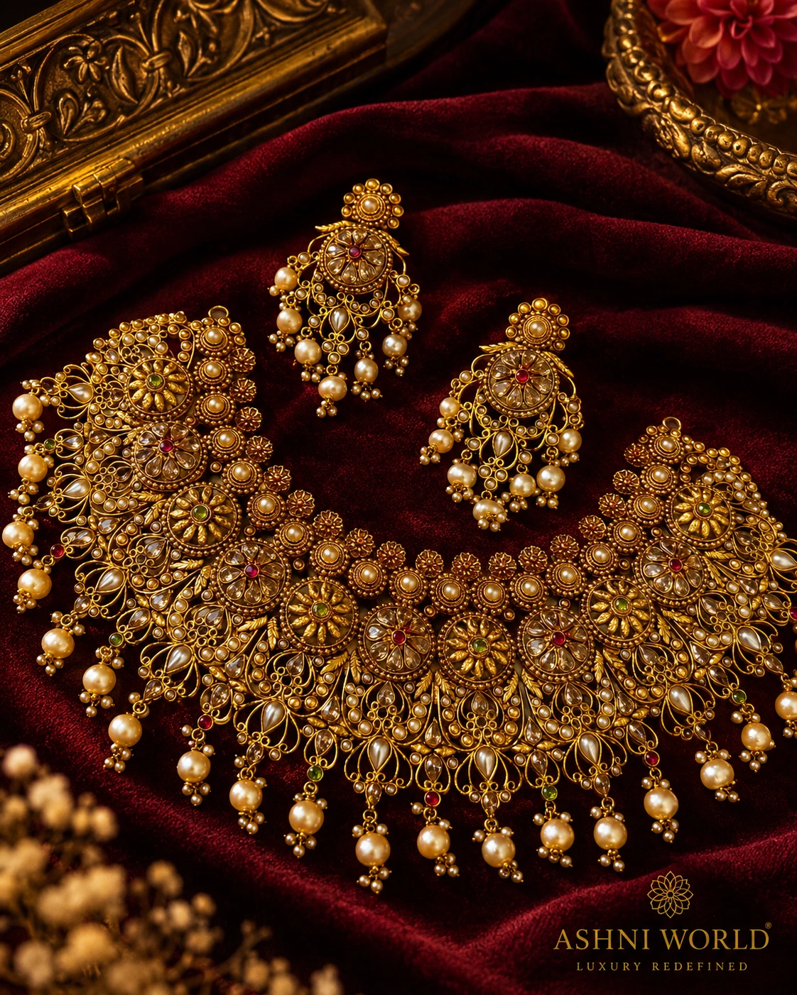 Noor-E-Zewar Royal Pearl Necklace Set – Premium Antique Gold Bridal Collection