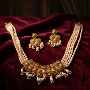 Handcrafted Pearl & Antique Gold Necklace Set