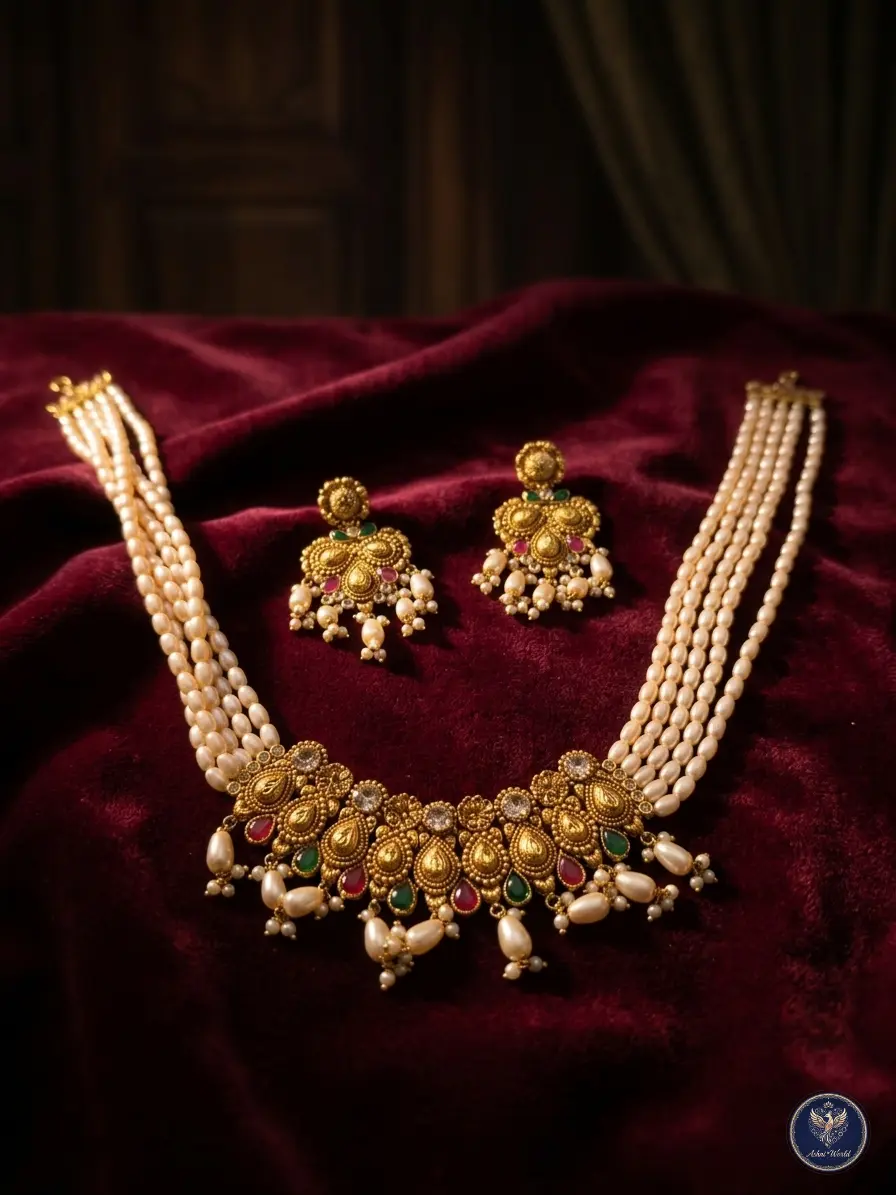 Handcrafted Pearl & Antique Gold Necklace Set