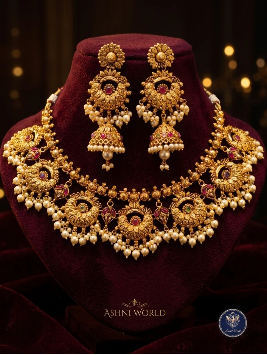 Rajkumari Antique Gold-Plated Necklace & Jhumka Set