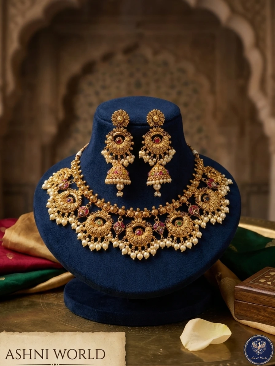 Rajkumari Antique Gold-Plated Necklace & Jhumka Set