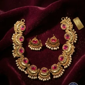 Rajkumari Crescent Heritage Necklace Set – Antique Gold Polish with Ruby Pink Stones