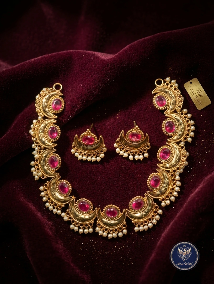 Rajkumari Crescent Heritage Necklace Set – Antique Gold Polish with Ruby Pink Stones