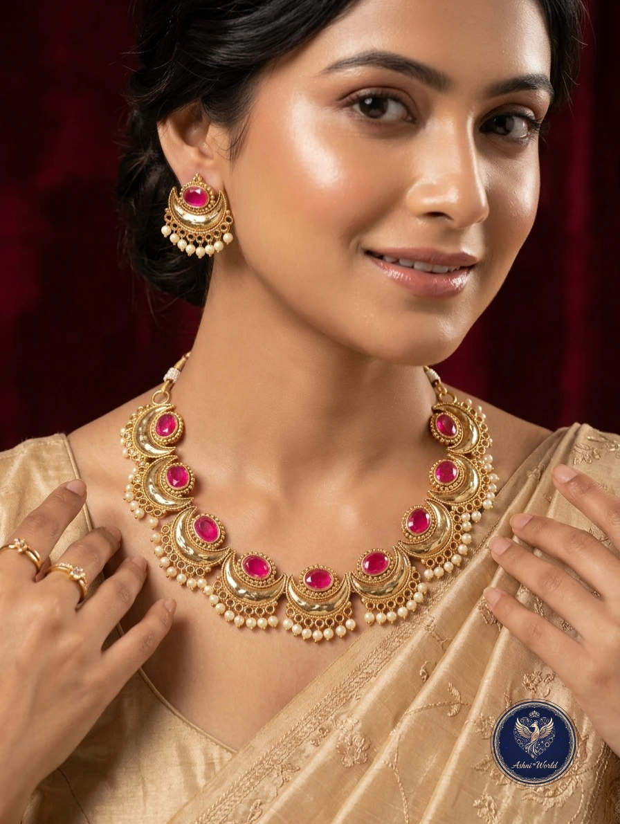 Rajkumari Crescent Heritage Necklace Set – Antique Gold Polish with Ruby Pink Stones