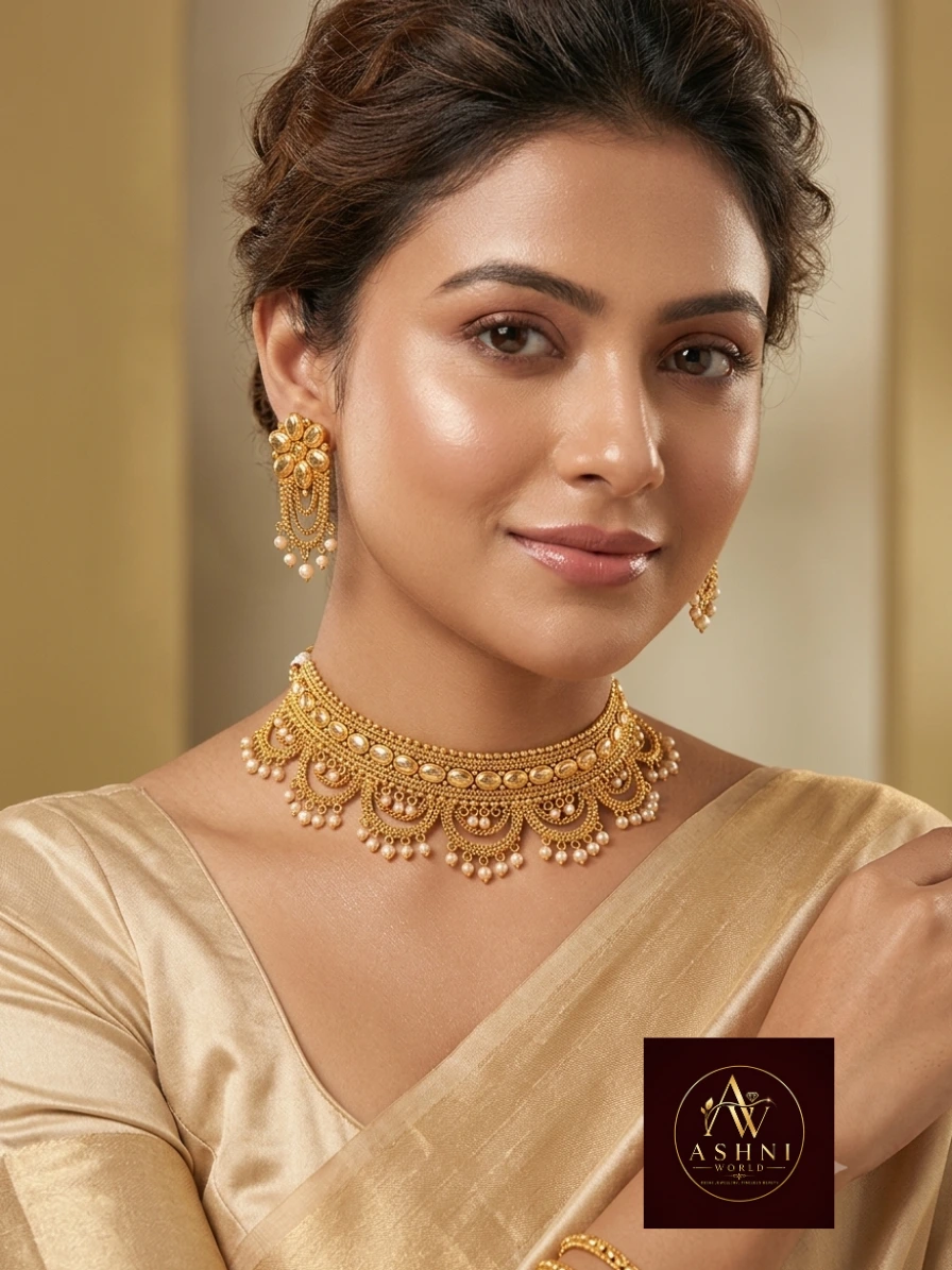 The Rajkumari Antique Gold-Plated Choker & Earring Set