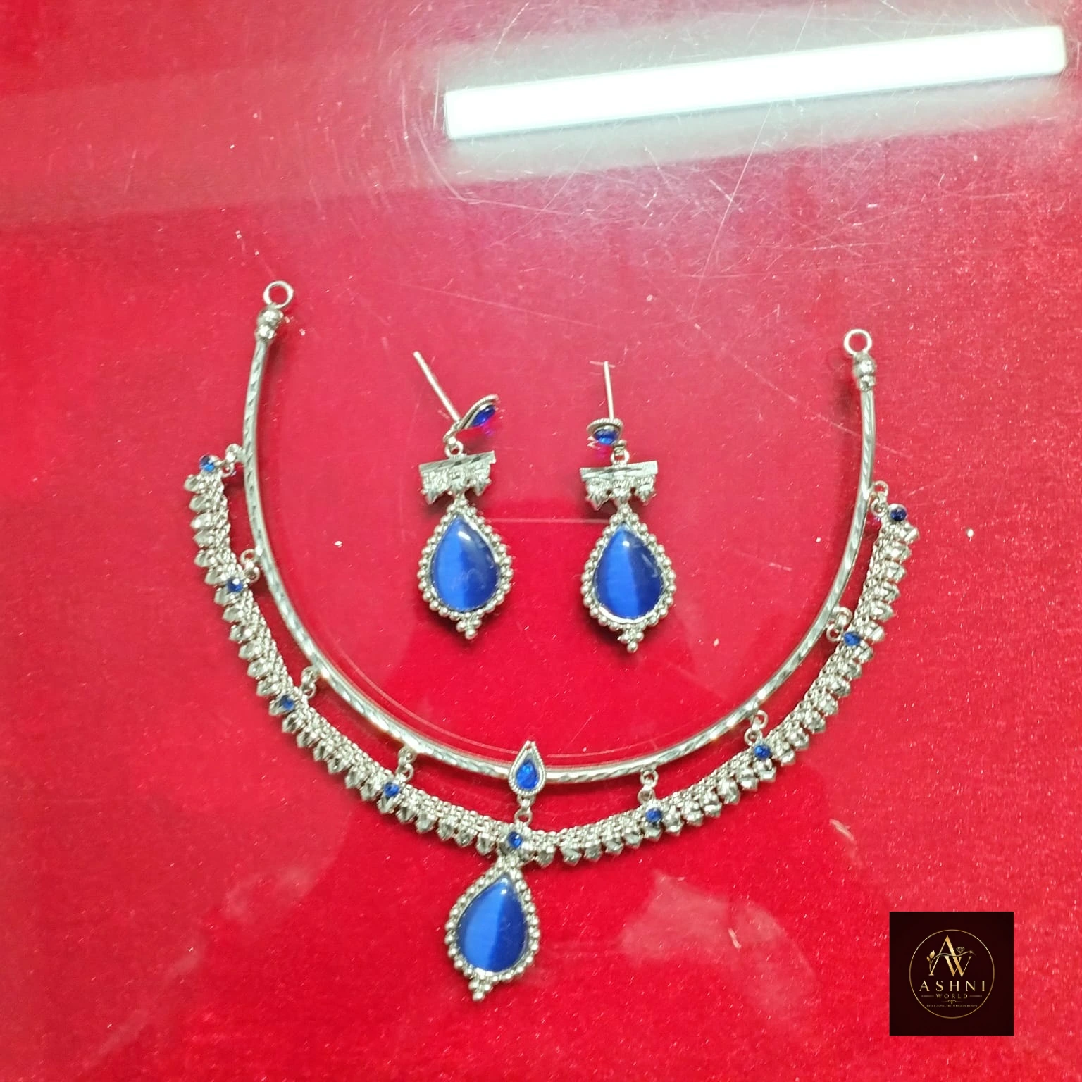 Ashni World Royal Blue Silver Choker & Earring Set