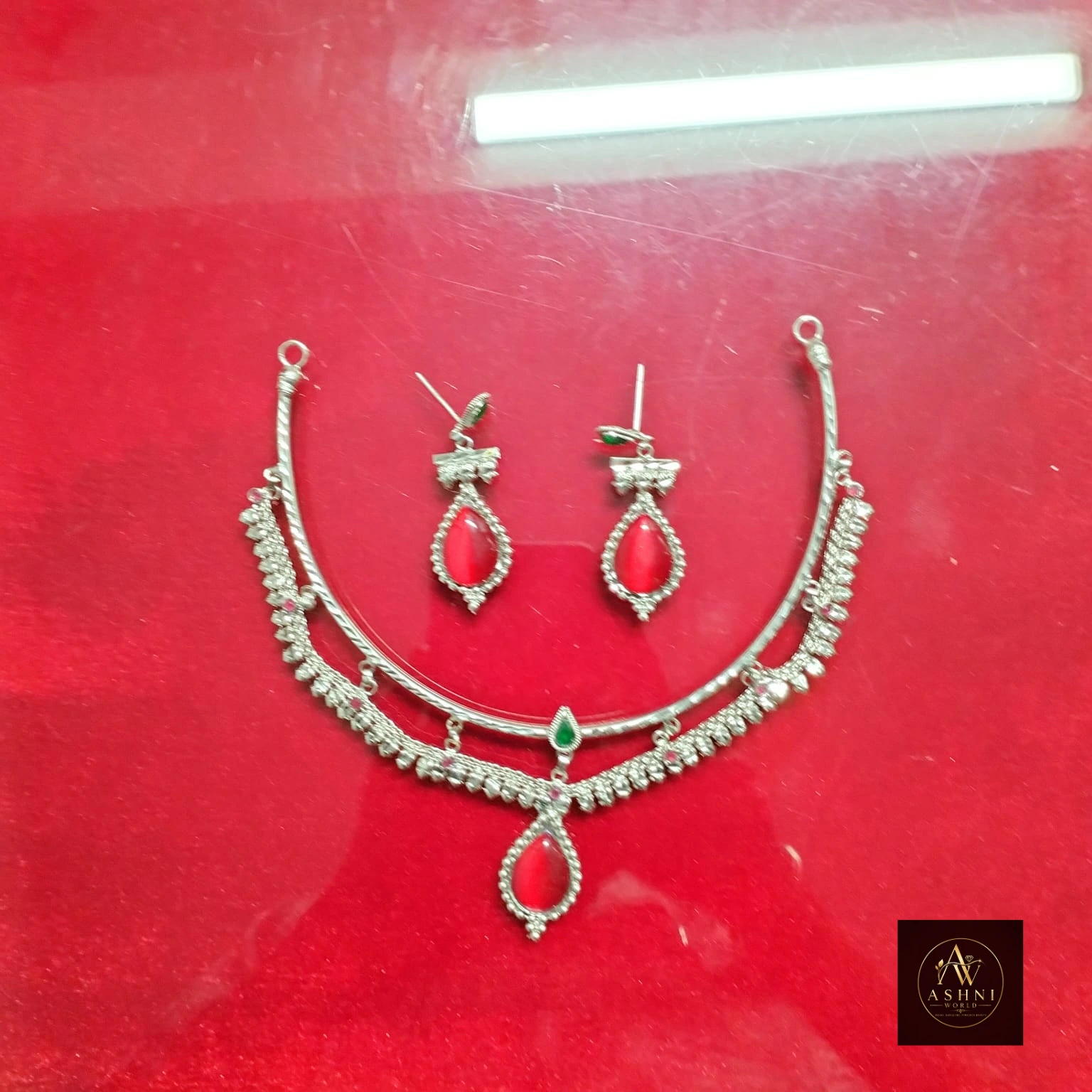 Ashni World Royal Red Silver Choker & Earring Set