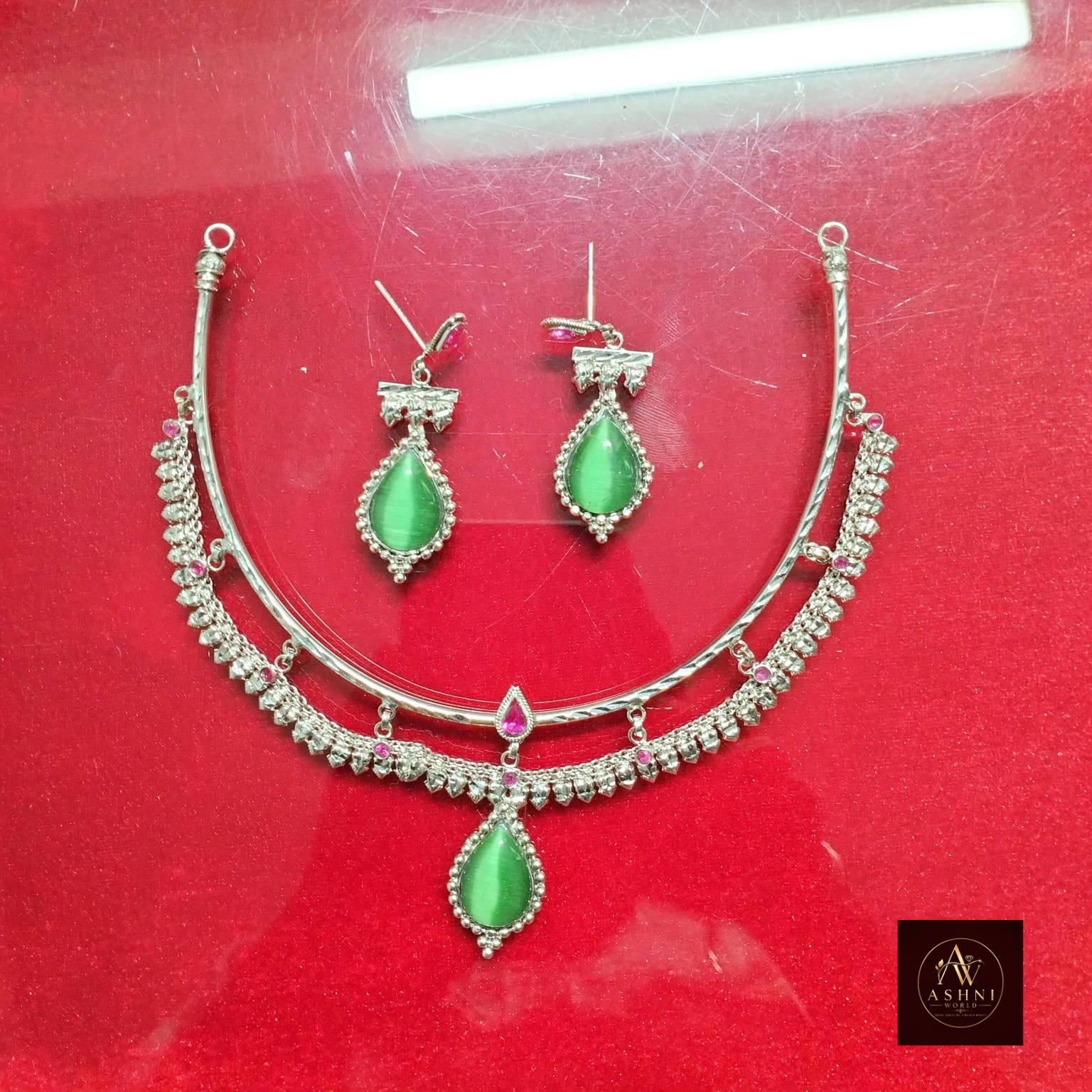 Ashni World Royal Green Silver Choker & Earring Set