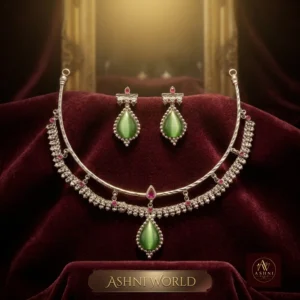 Ashni World Royal Green Silver Choker & Earring Set