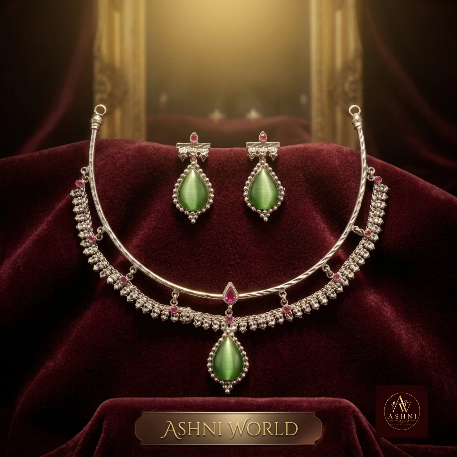 Ashni World Royal Green Silver Choker & Earring Set