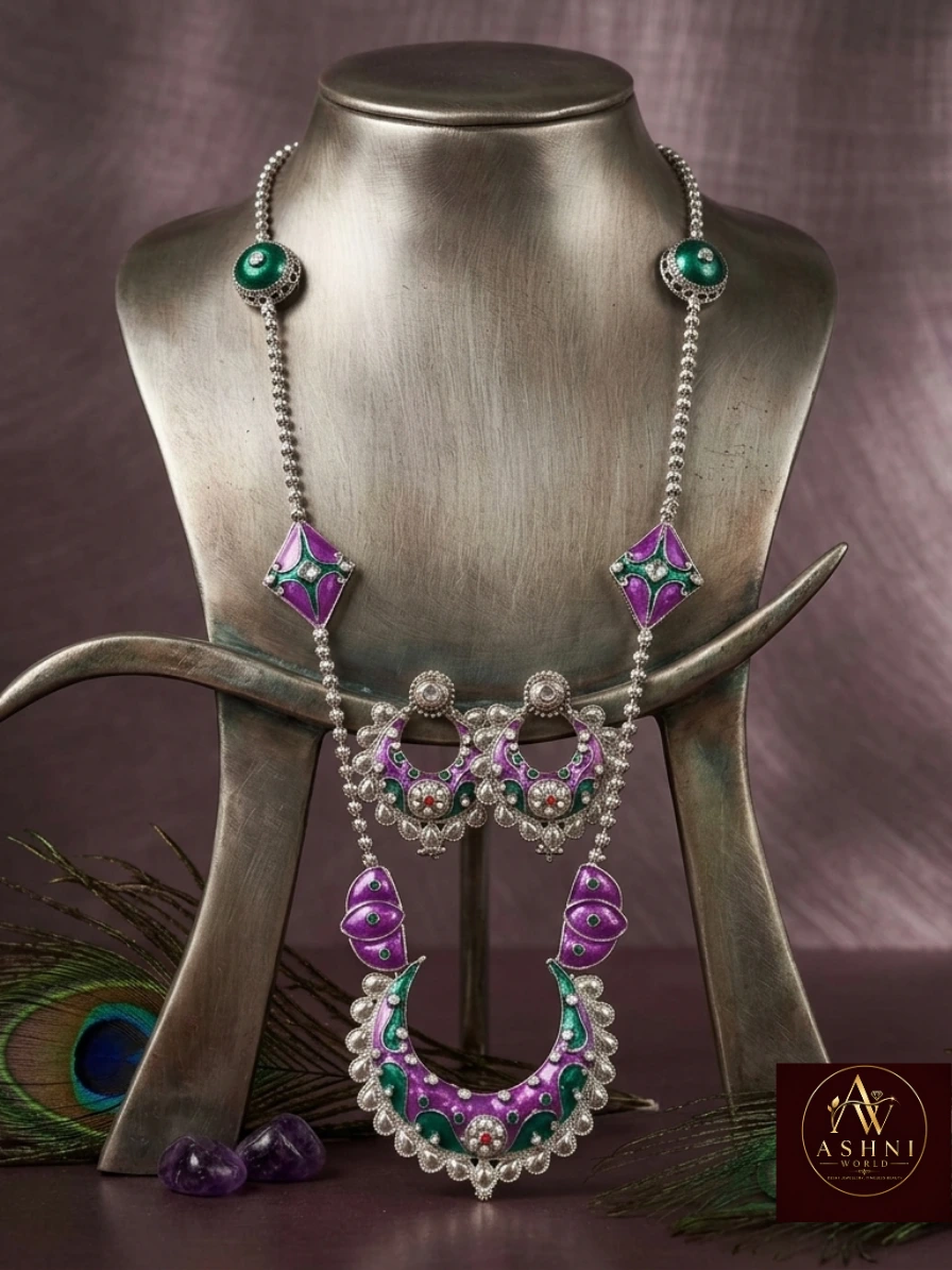Royal Enamel Silver-Toned Necklace Set