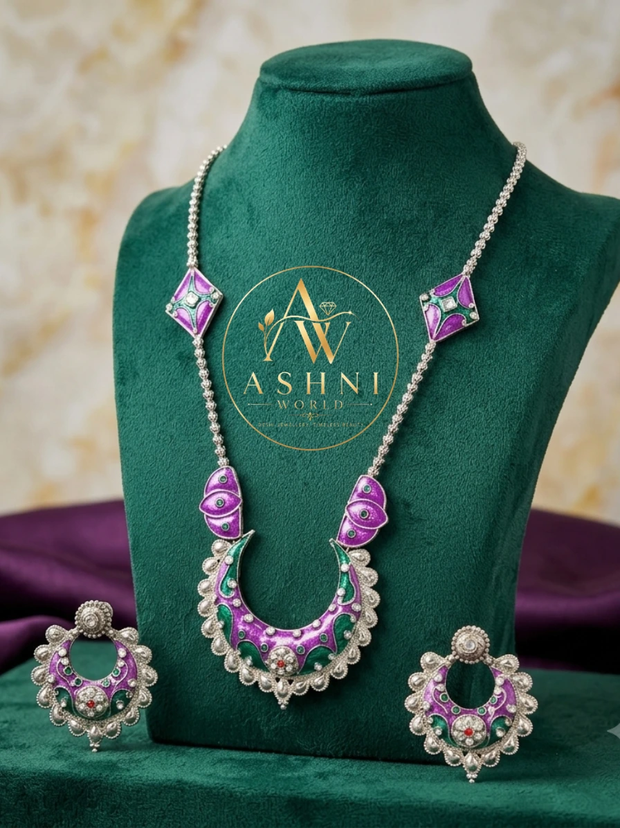 Royal Enamel Silver-Toned Necklace Set