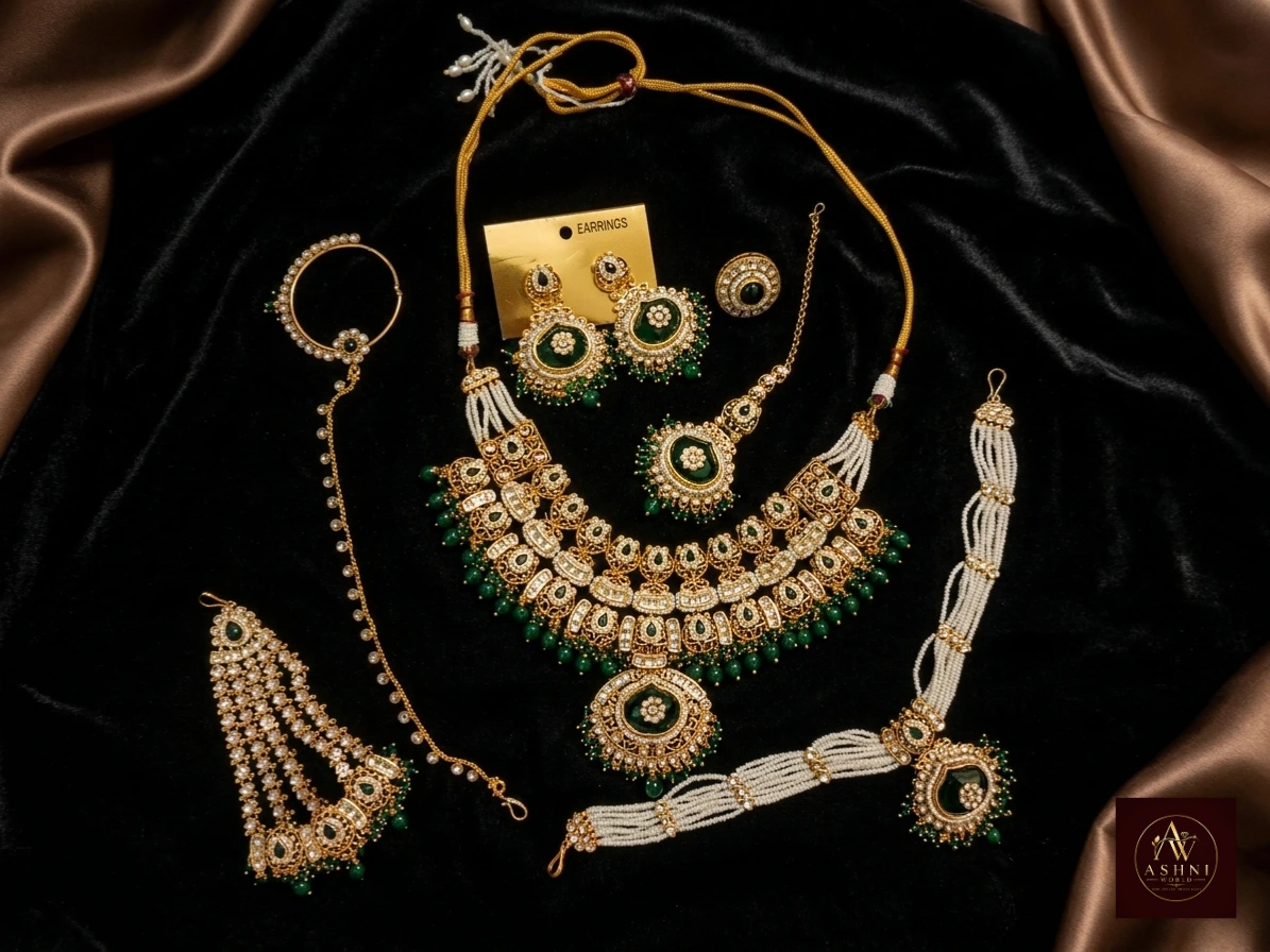 Emerald Blossom - Kundan & Green Onyx Heritage Bridal Jewelry Set