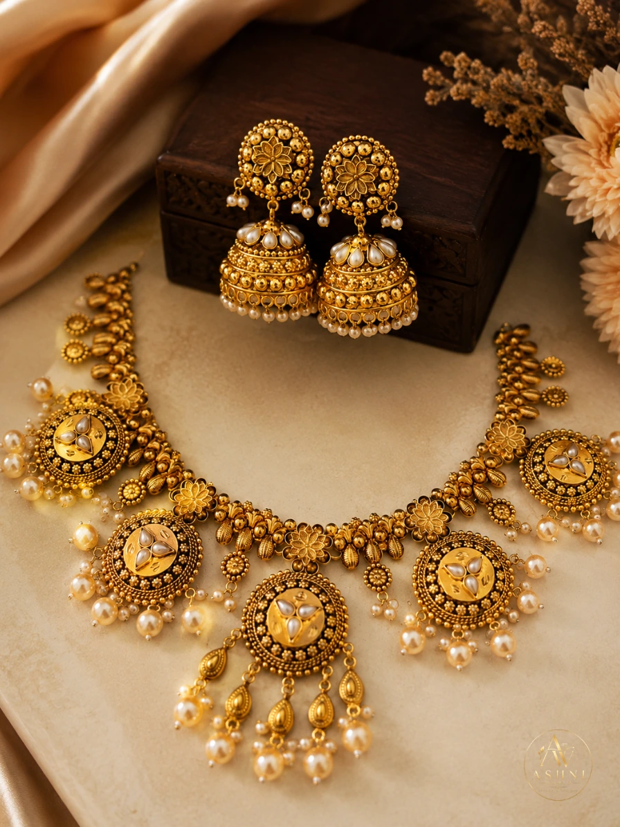 Royal Heritage Gold-Tone Pearl Necklace & Jhumka Set