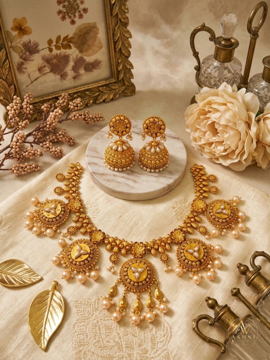 Royal Heritage Gold-Tone Pearl Necklace & Jhumka Set